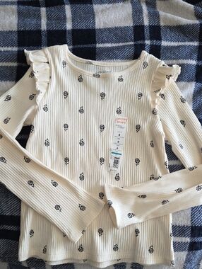 jumping beans Cream Long Sleeve Top with Black Floral Print and Ruffle Shoulders